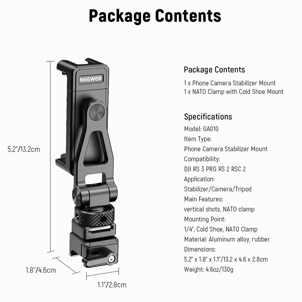 Neewer GA010 Smartphone Mount with NATO Clamp for DJI RS 3, RS 3 Pro, RS 2 & RSC 2