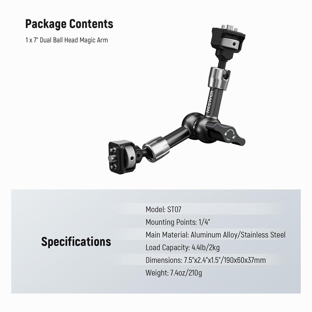 NEEWER ST07 7inch Articulating Magic Arm with 360° Ball Heads & Locating Pins for ARRI, Camera Monitor Mount with 1/4inch Screws for DSLR Action Camera Monitor Video Light Compatible with SmallRig Cage Rig