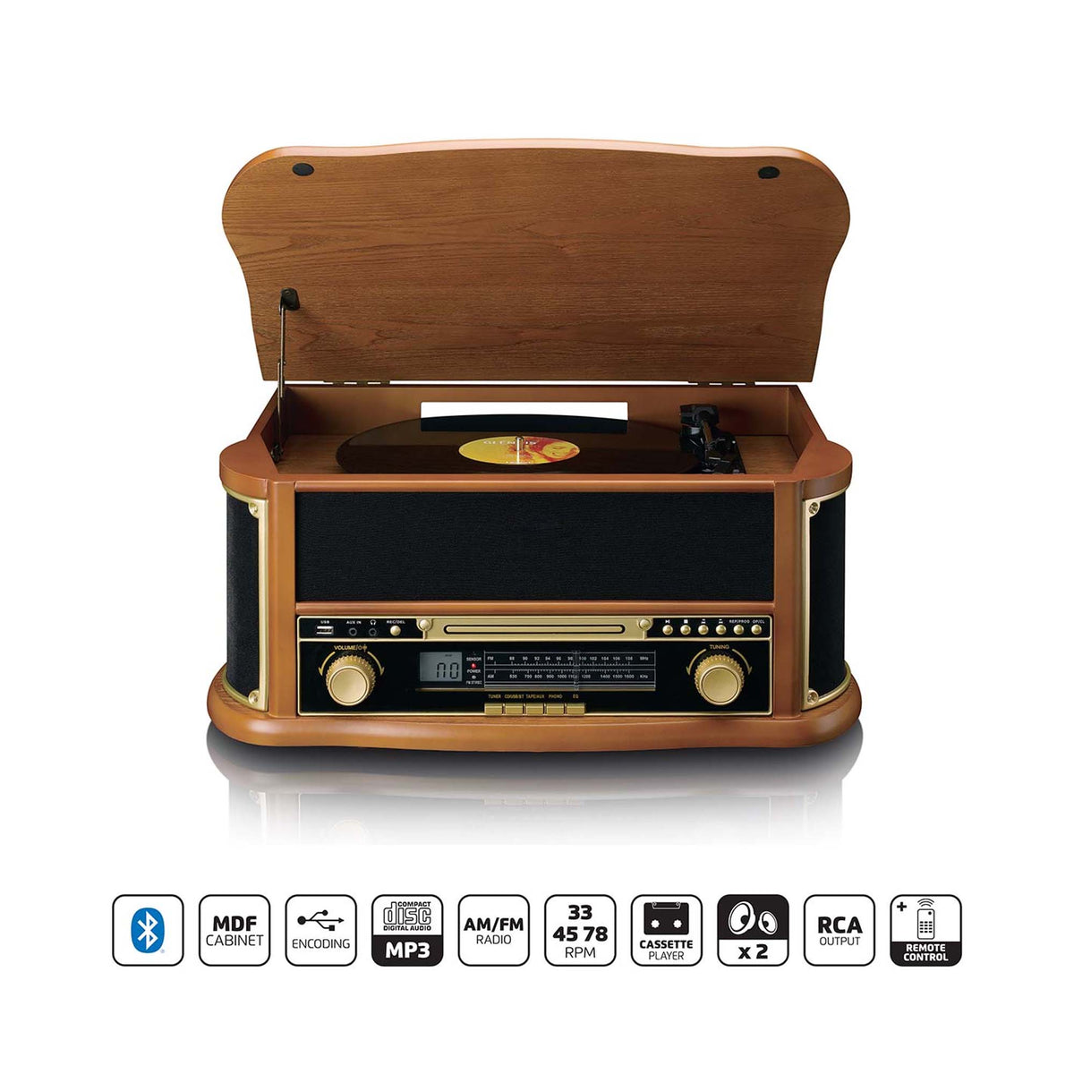JOPOSTAR Natural Wood Classic Turntable Stereo System with BT Connection Vinyl Record Player AM/FM CD Cassette USB SD Slot MP3 Player