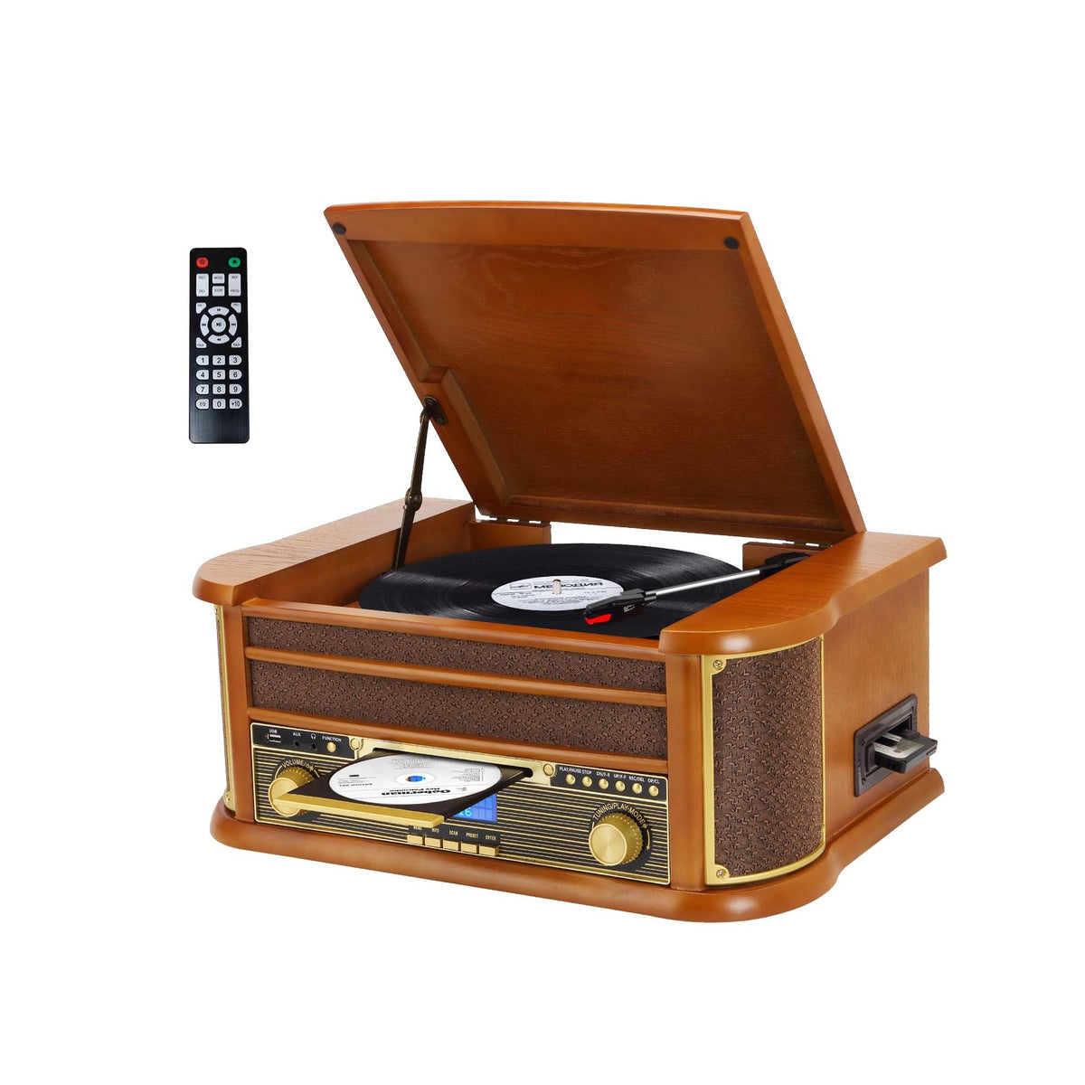 JOPOSTAR Natural Wood Classic Turntable Stereo System with BT Connection Vinyl Record Player AM/FM CD Cassette USB SD Slot MP3 Player