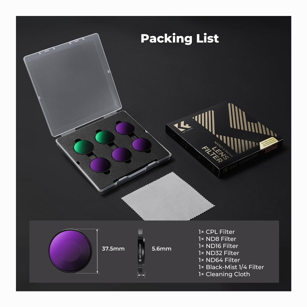 K&F CONCEPT CPL+ND8+ND16+ND32+ND64+Black Diffusion 1/4 Filter for Action 6  SKU: SKU.2714