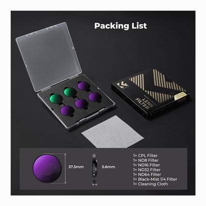 K&F CONCEPT CPL+ND8+ND16+ND32+ND64+Black Diffusion 1/4 Filter for Action 6  SKU: SKU.2714