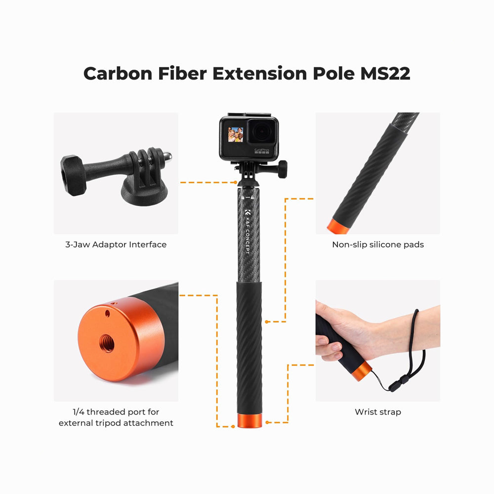 K&F Concept Invisible Selfie Stick, Extension Carbon Long Pole（127cm）for Insta360 Camera (KF09.140)