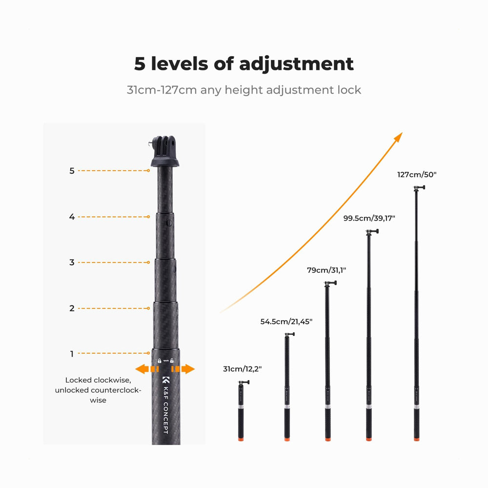 K&F Concept Invisible Selfie Stick, Extension Carbon Long Pole（127cm）for Insta360 Camera (KF09.140)