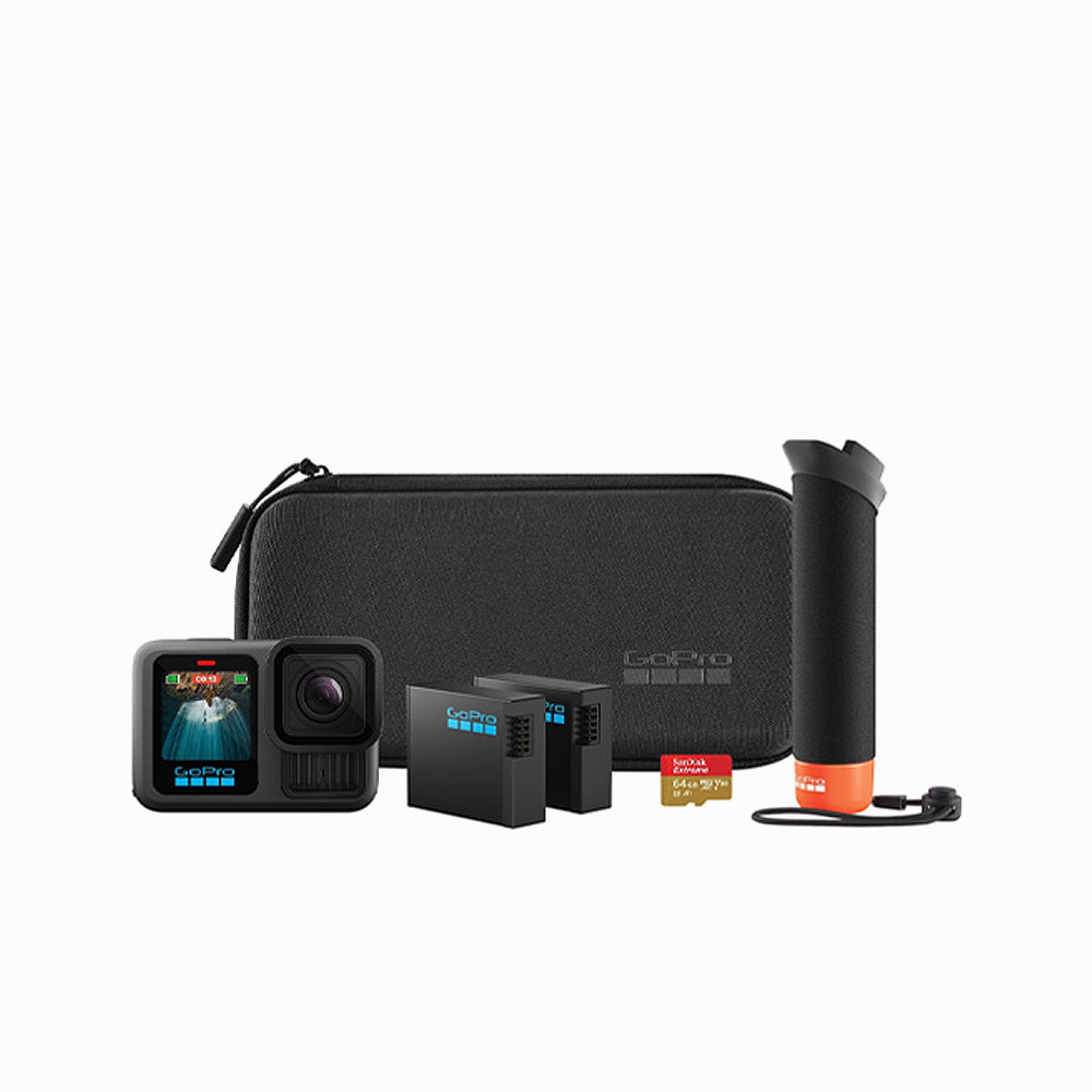 GoPro HERO13 Black Accessory Bundle - Includes The Handler (Floating Hand Grip), 2 Enduro Batteries, 2 Curved Adhesive Mounts, 64GV SanDisk MicroSD Card, Carrying Case