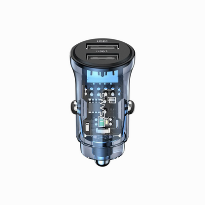 USAMS US-CC162 C31 Transparent USB Car Charger Visual 5V3A Dual USB A+A Mini Car Charger Adapter with Blue Backlight - Blue