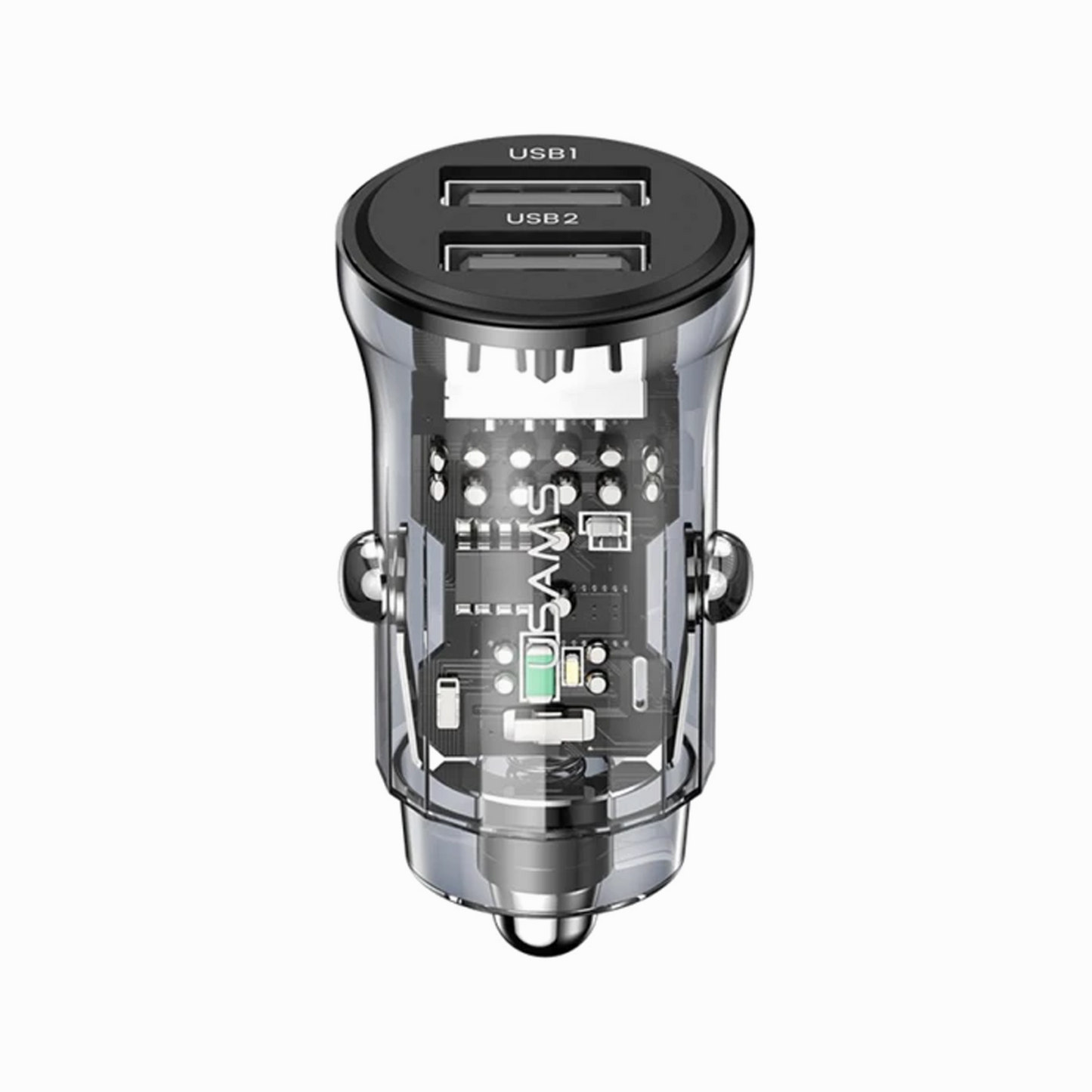 USAMS US-CC162 C31 Transparent USB Car Charger Visual 5V3A Dual USB A+A Mini Car Charger Adapter with Blue Backlight - Black