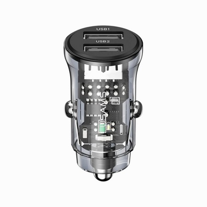 USAMS US-CC162 C31 Transparent USB Car Charger Visual 5V3A Dual USB A+A Mini Car Charger Adapter with Blue Backlight - Black