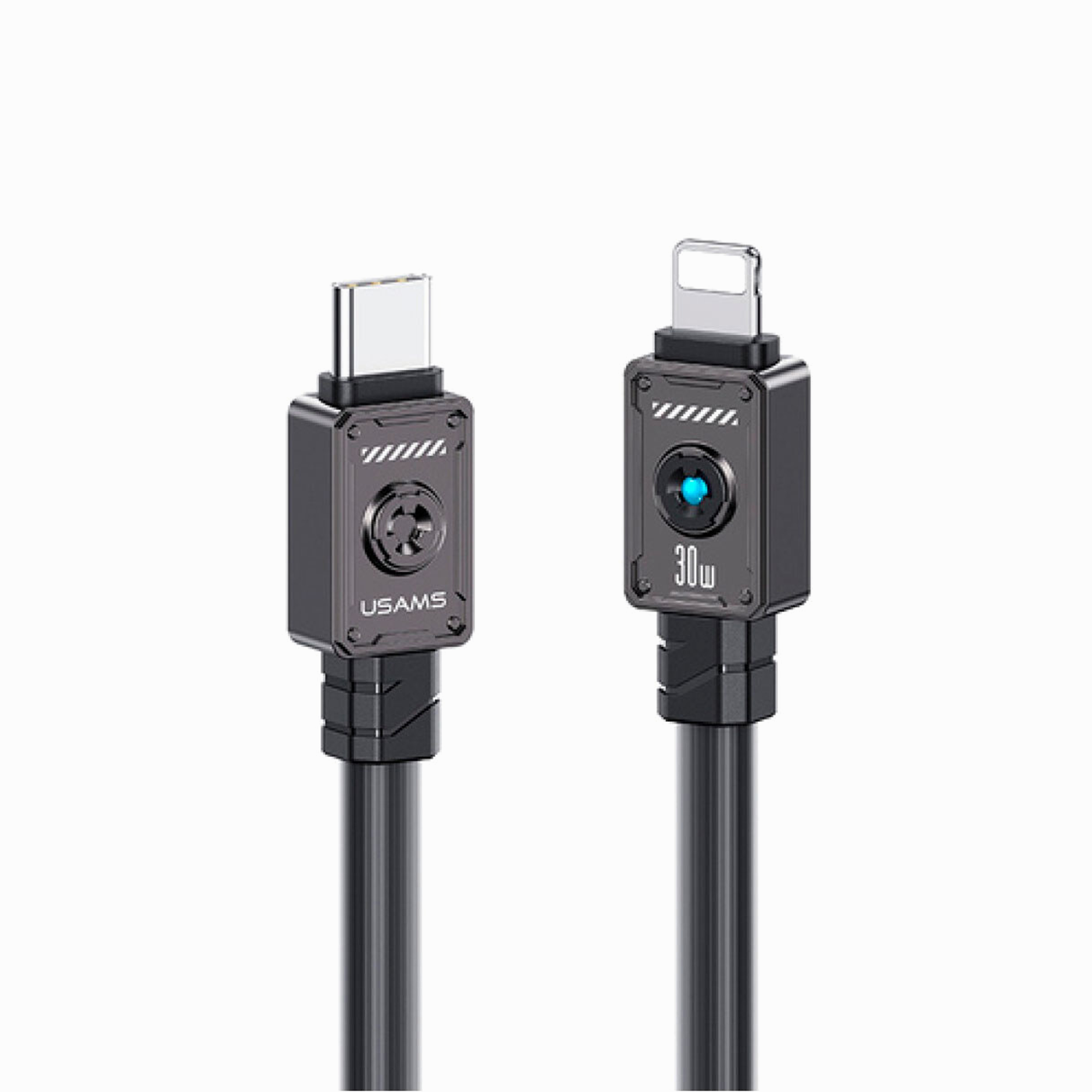 USAMS US-SJ685 Type-C To Lightning 30W Zine Alloy Fast Charging & Data Cable With Light -Mecha Series 1.2m Black