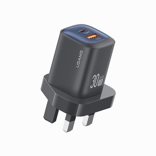 USAMS CC256 30W Dual Port GaN Charger Type-C + USB-A Fast Charging Adapter, UK Plug - White