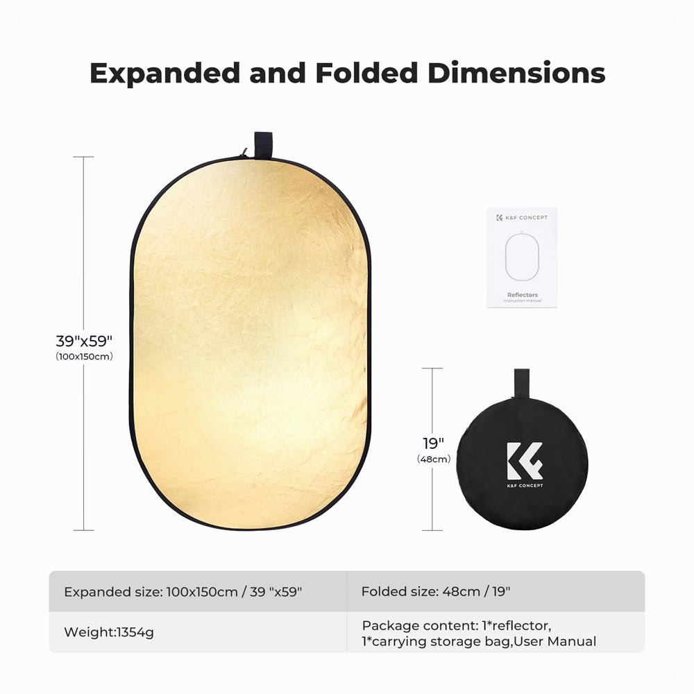 K&F Concept (100x150cm) 5-in-1 Oval Foldable Reflector with Carrying Bag, Gold, Silver, Black, White Reflective Fabric and Translucent Soft Fabric for Studio Lighting (KF18.001)