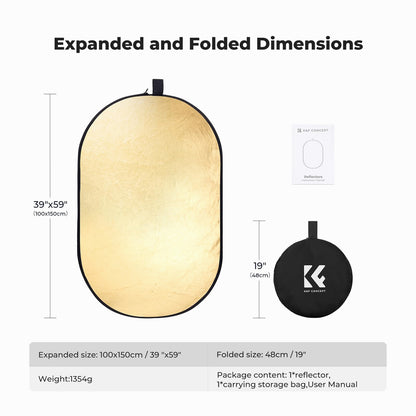 K&F Concept (100x150cm) 5-in-1 Oval Foldable Reflector with Carrying Bag, Gold, Silver, Black, White Reflective Fabric and Translucent Soft Fabric for Studio Lighting (KF18.001)