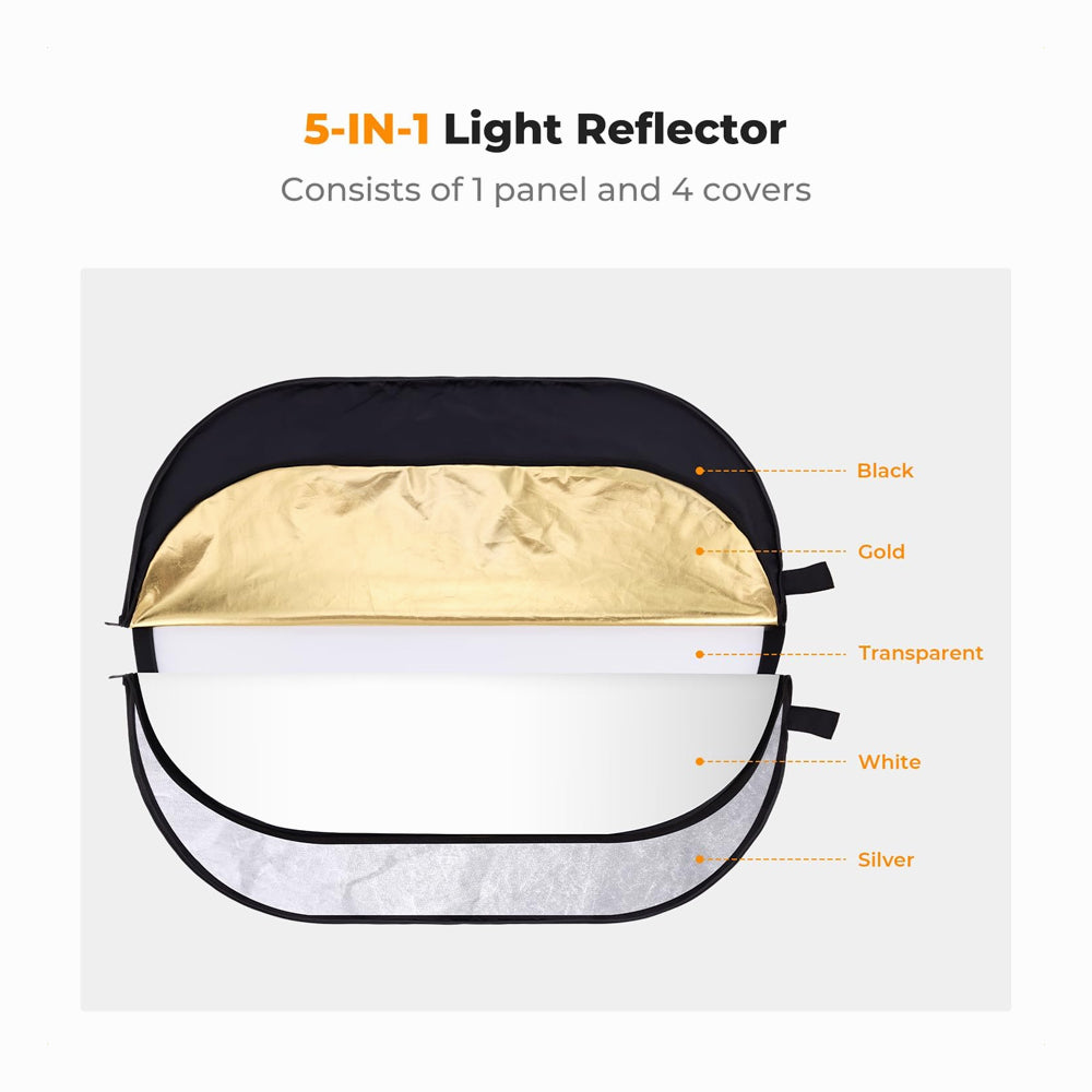 K&F Concept (100x150cm) 5-in-1 Oval Foldable Reflector with Carrying Bag, Gold, Silver, Black, White Reflective Fabric and Translucent Soft Fabric for Studio Lighting (KF18.001)