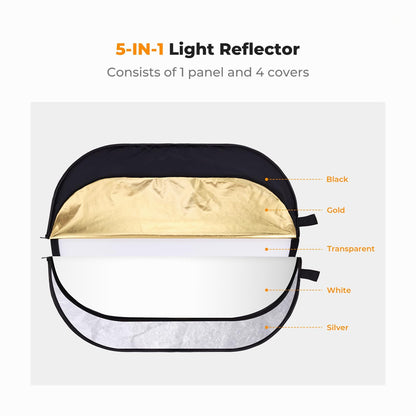 K&F Concept (100x150cm) 5-in-1 Oval Foldable Reflector with Carrying Bag, Gold, Silver, Black, White Reflective Fabric and Translucent Soft Fabric for Studio Lighting (KF18.001)