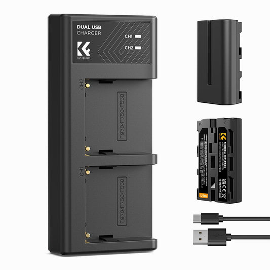 K&F Concept 2 Pack NP-F550 Battery and Charger Set Compatible with Sony NP-F550, F570, F750, F770, F930, F950, F960, F970 Batteries, LED Lights, Monitors, and Camera Sliders (KF28.0046)