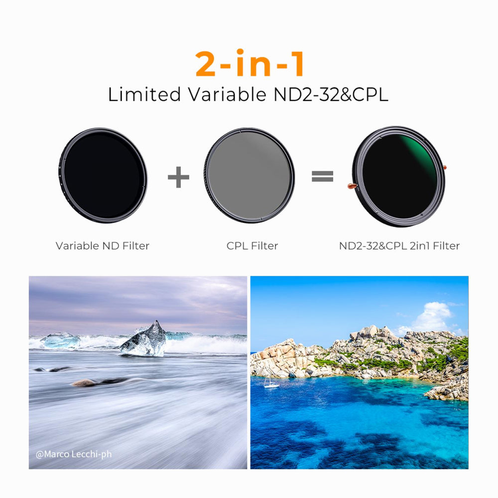 K&F Concept 58mm ND2-32 (1-5 Stop) Variable ND Filter and CPL Circular Polarizing Filter 2 in 1 for Camera Lens No X Spot Weather Sealed Nano-Xcel (KF01.1322V1)