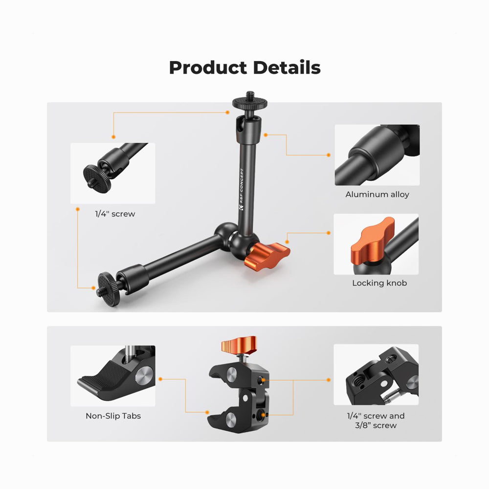 K&F Concept 9.8" Magic Arm with Super Clamp, Magic Arm Clamp Kit with 1/4" & 3/8" Thread Screw (KF31.131)