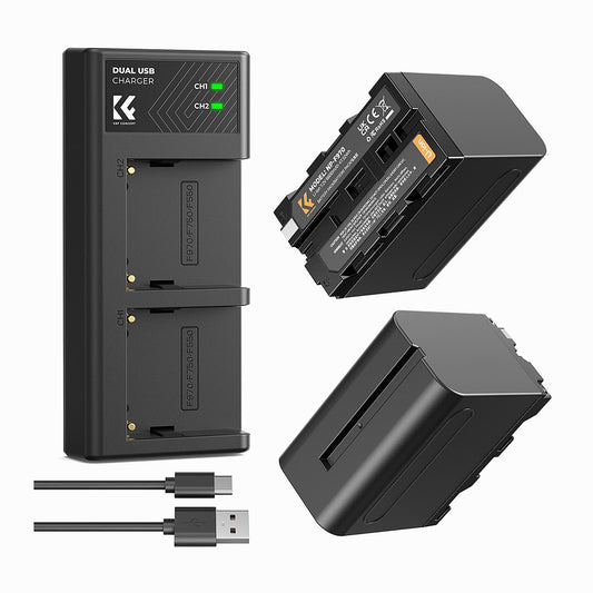 K&F Concept 2 Pack NP-F970 Battery with LED Charger, Compatible with Sony NP-F550 F570 F750 F770 F930 F950 F960 F970, High-Power LED Lights, Monitors, Camera Sliders (KF28.0047)