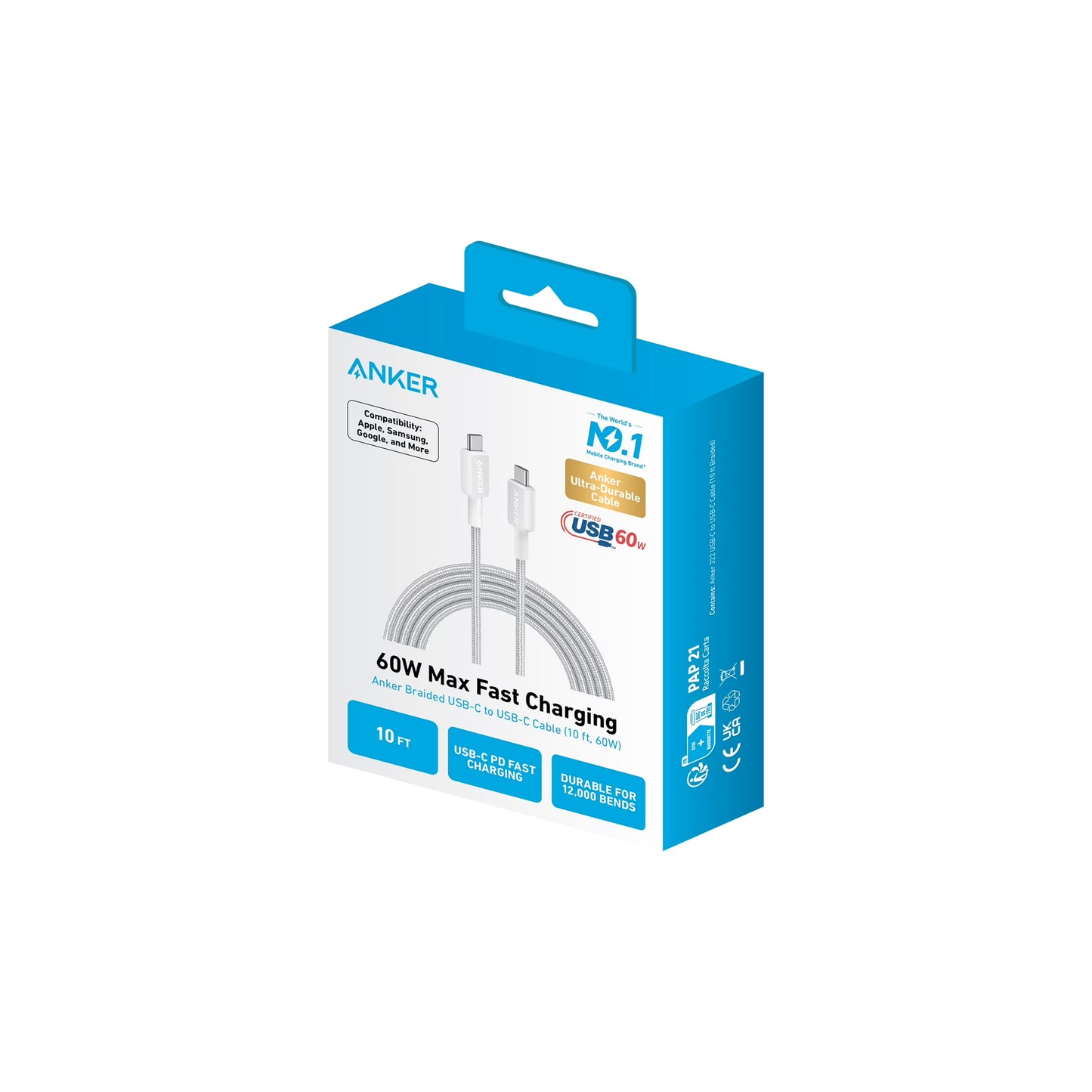 Anker 322 Braided USB-C to USB-C Cable 10ft, 60W – White-A81F7H21-1