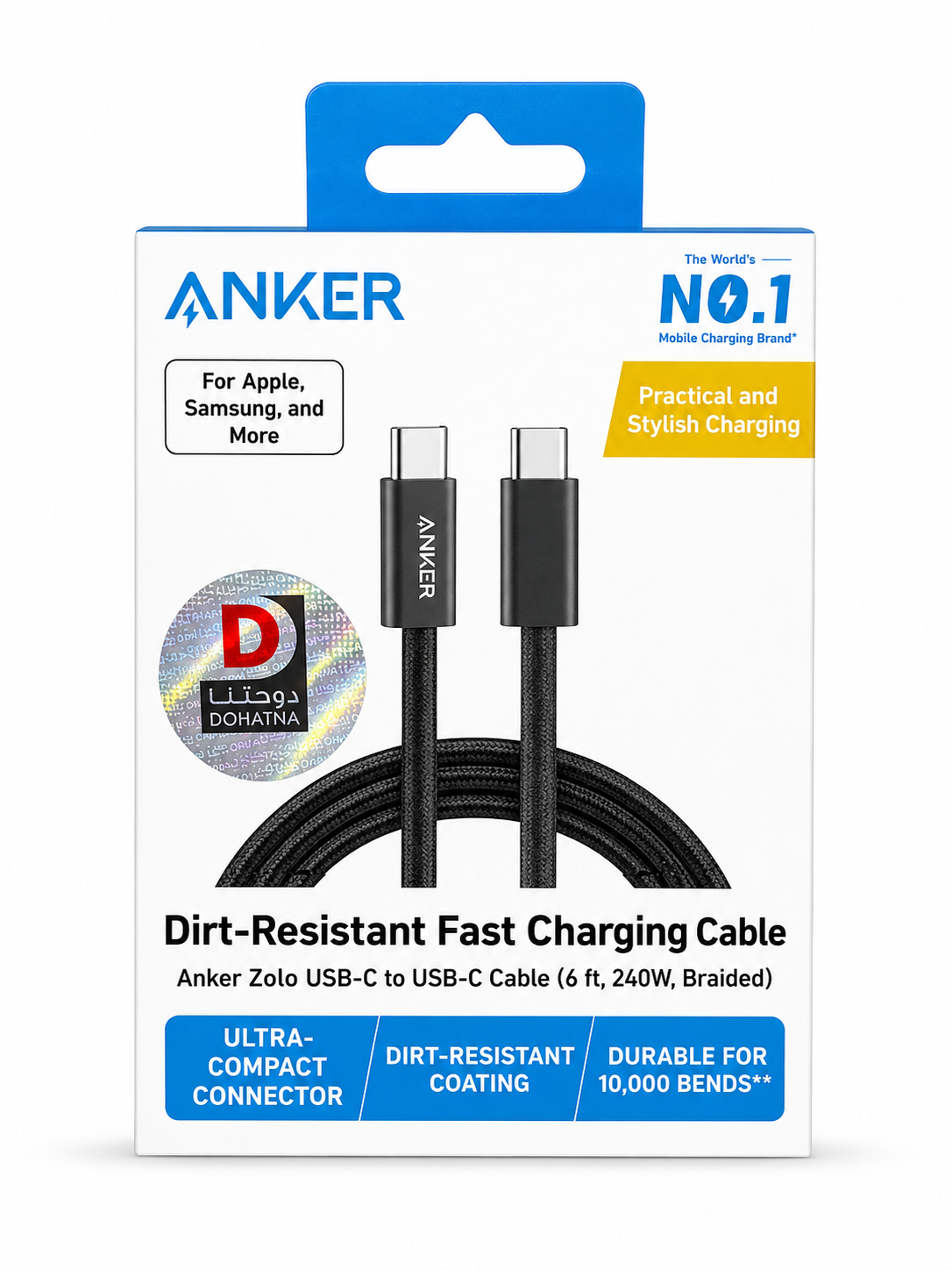 Anker Zolo USB-C to USB-C Braided Cable 240W, 6ft – Black (A8060H12)