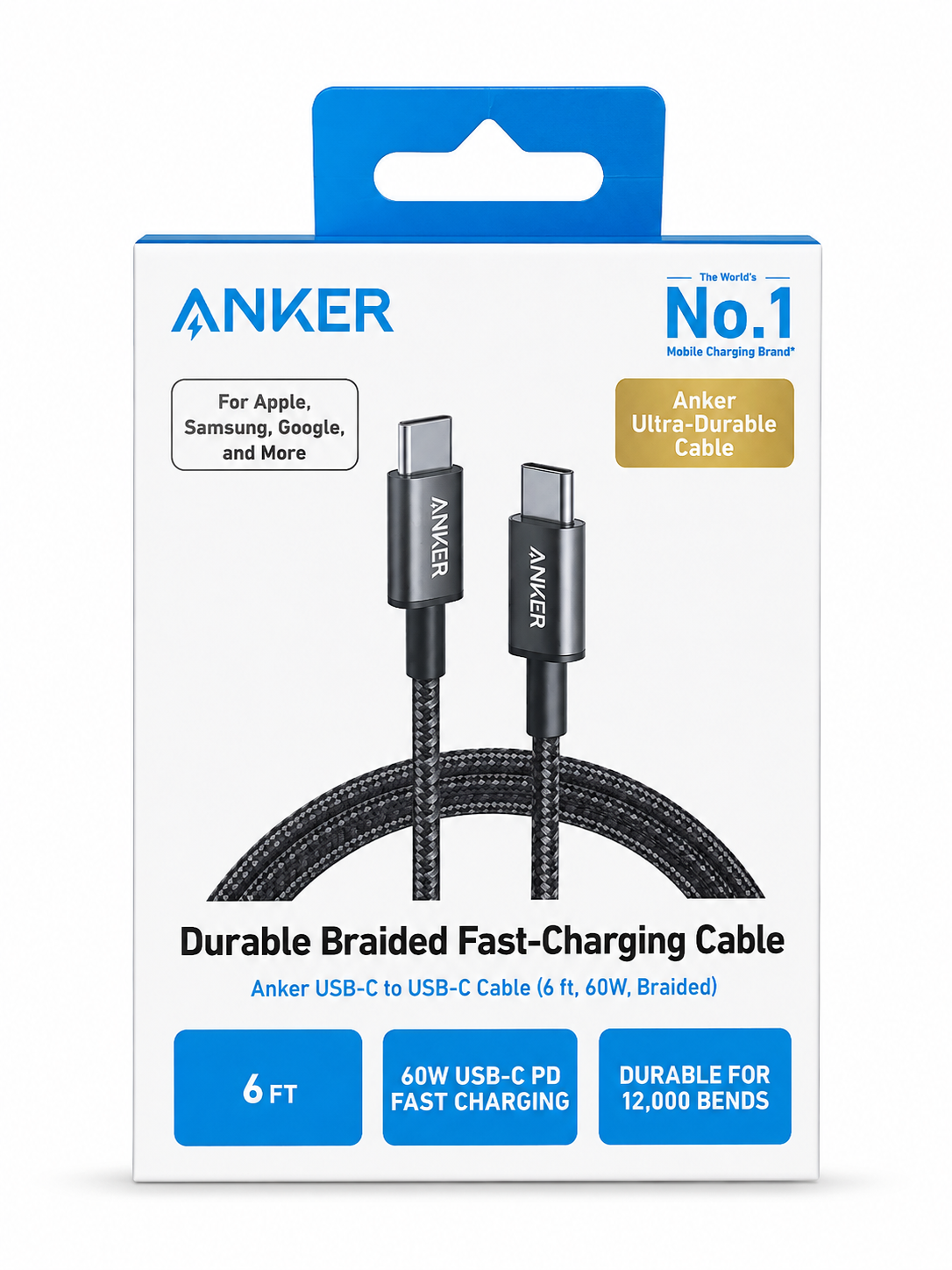 Anker Durable Braided USB-C to USB-C Cable 6ft, 60W – Black (A8753H11)