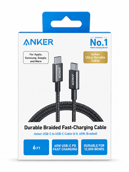 Anker Durable Braided USB-C to USB-C Cable 6ft, 60W – Black (A8753H11)