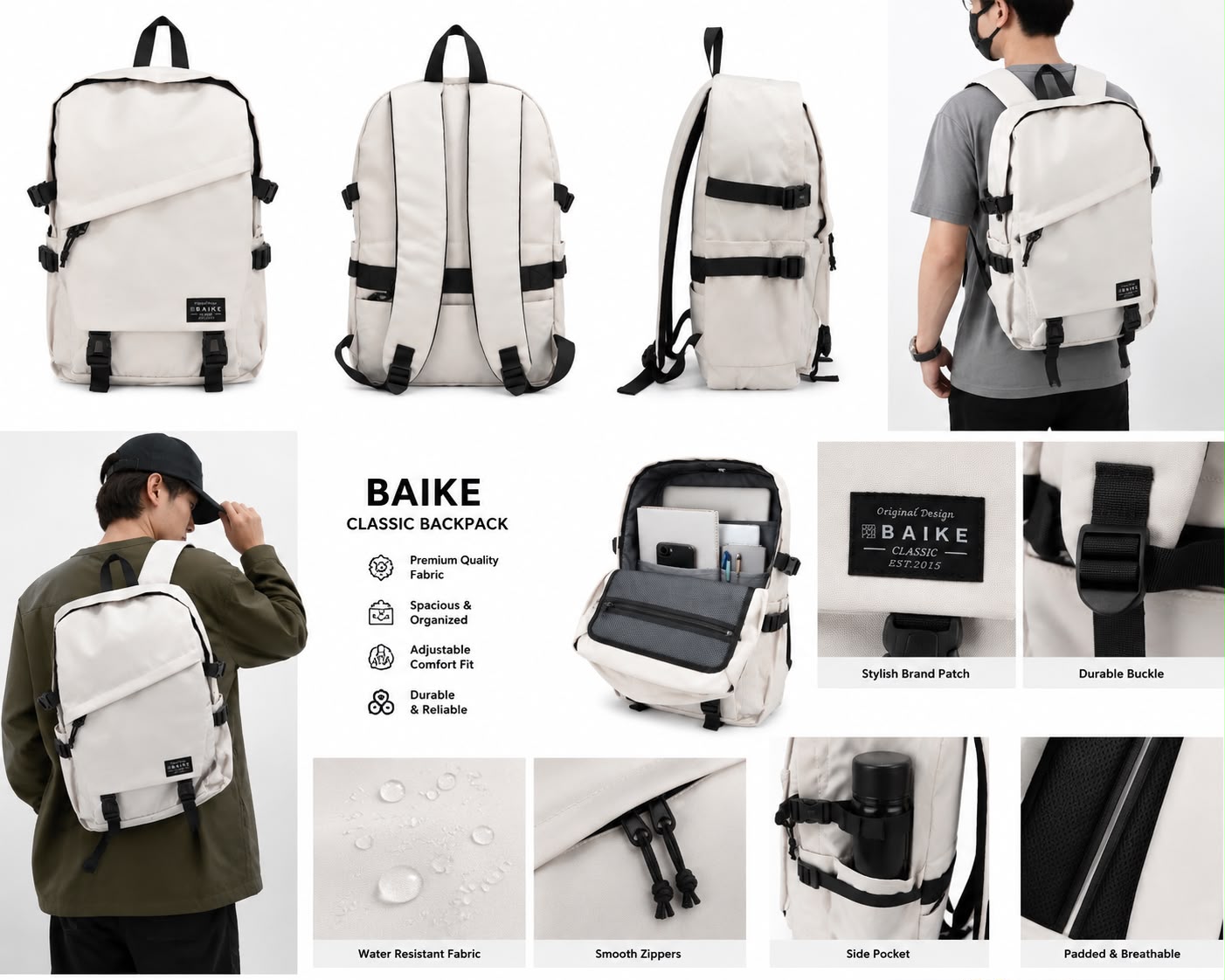 BAIKE Classic Everyday Backpack – Cream White