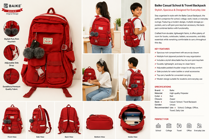 A collage showing a red BAIKE casual school and travel backpack from multiple angles, including front, side, back, bottom, inside, and lifestyle views with children wearing and using it. The image includes feature highlights, specifications, and icons for use in schools, travel, office, and everyday use.