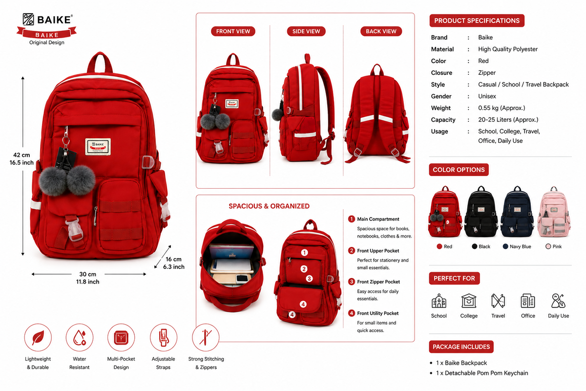 A product infographic for a red BAIKE travel backpack, showing front, side, and back views, dimensions, features, specifications, color options, and package details on a white background.