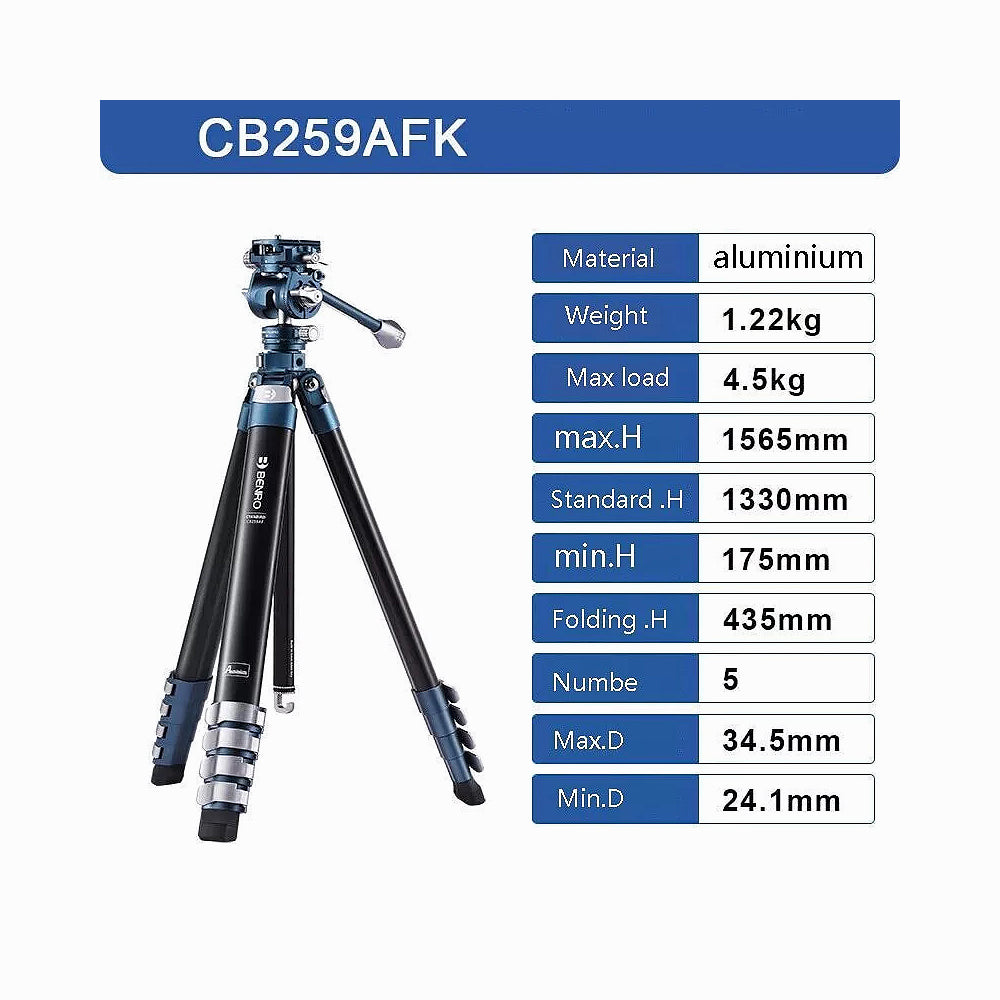 Benro CB259AFK TCBA15FS20PROC CyanBird Compact Alum Travel Angel Flip Lock Tripod with FS20PRO Fluid Head
