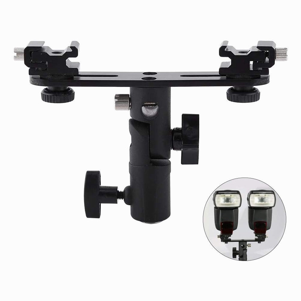Dual Flash Bracket, Hot Shoe T Type Swivel Camera Light Stand with Umbrella Reflector Holder 1/4" 3/8" Mount for Photo Video Photography