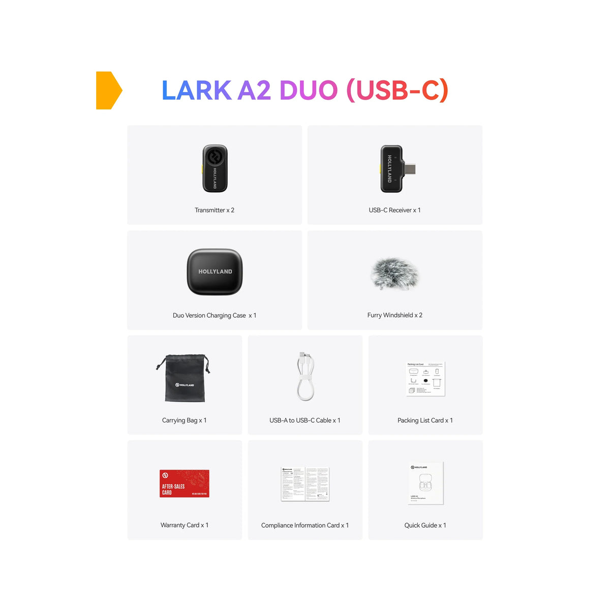 Hollyland LARK A2 Duo Wireless Microphone – 2 Transmitters, USB-C Receiver & Charging Case
