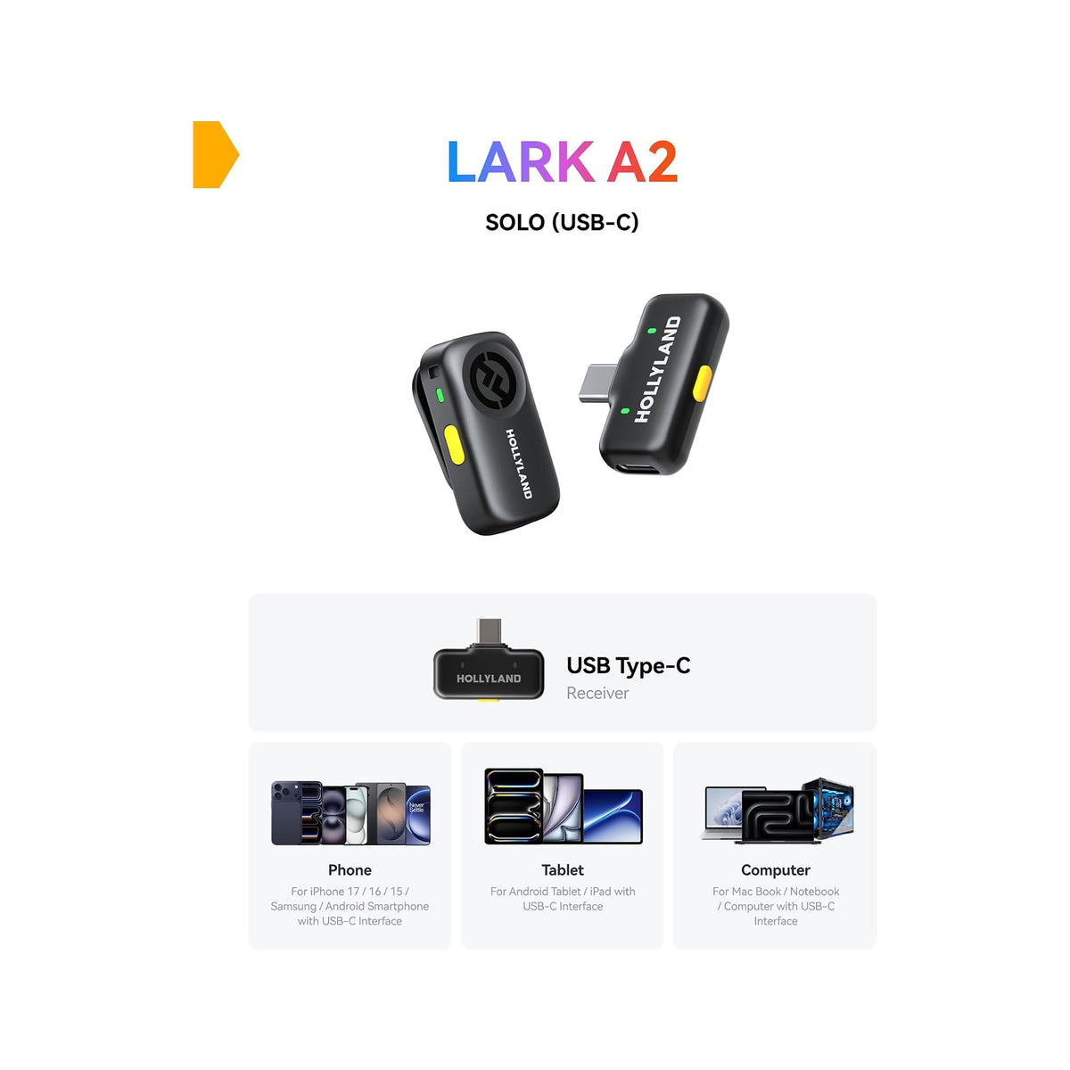 Hollyland LARK A2 Solo Wireless Microphone (1TX + 1 USB-C RX) – Space Gray