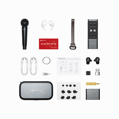 A karaoke microphone kit laid out on a white background, including a black handheld microphone, white earbuds, a strap, a remote control, ear hooks, extra ear tips, a USB drive, a card, and a carrying case.