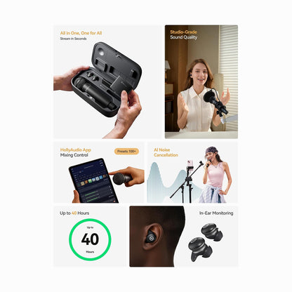 A promotional collage for wireless in-ear earbuds and their charging case, showing hands holding the open case, a woman speaking into a microphone, a smartphone app interface, a 40-hour battery graphic, and close-up views of the earbuds inside an ear. Text highlights features like all-in-one design, studio-grade sound quality, mixing control, AI noise cancellation, and in-ear monitoring.