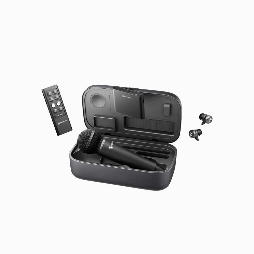 A black handheld wireless microphone with a matching open carrying case, shown alongside a remote control and two small earbud-style accessories on a clean white background.