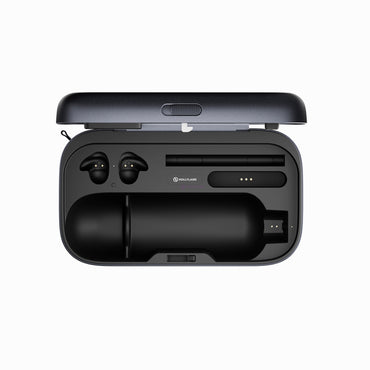 Open black wireless earbuds charging case showing the earbuds, charging dock, and battery level indicators on a white background.