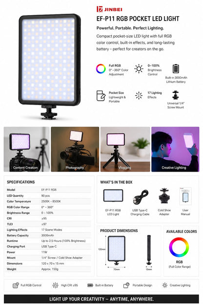 Jinbei EF-P11RGB 10W Pocket Video LED Light RGB