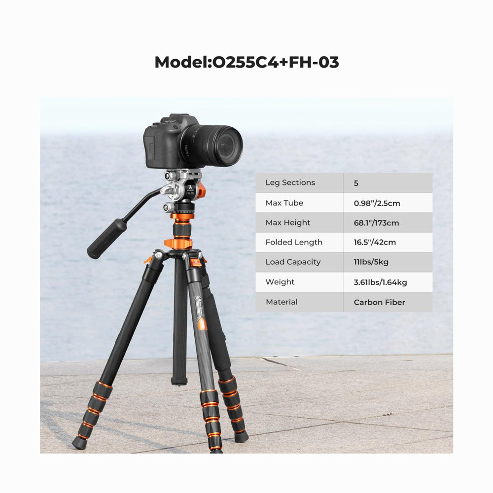 K&F Concept O255C4+FH-03 Carbon Fiber Lightweight Camera Tripod with Hydraulic Video Tripod Head (KF09.158)