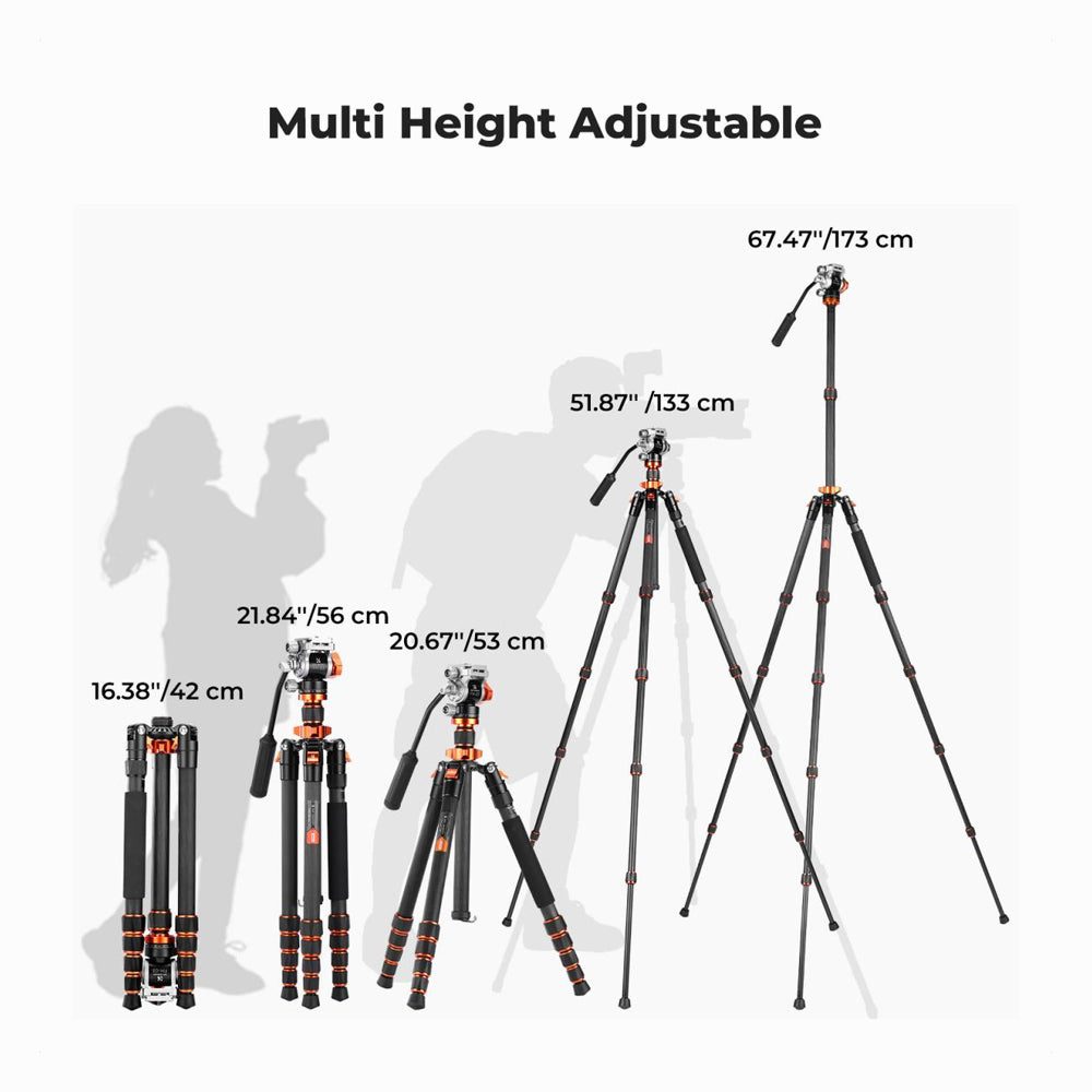 K&F Concept O255C4+FH-03 Carbon Fiber Lightweight Camera Tripod with Hydraulic Video Tripod Head (KF09.158)