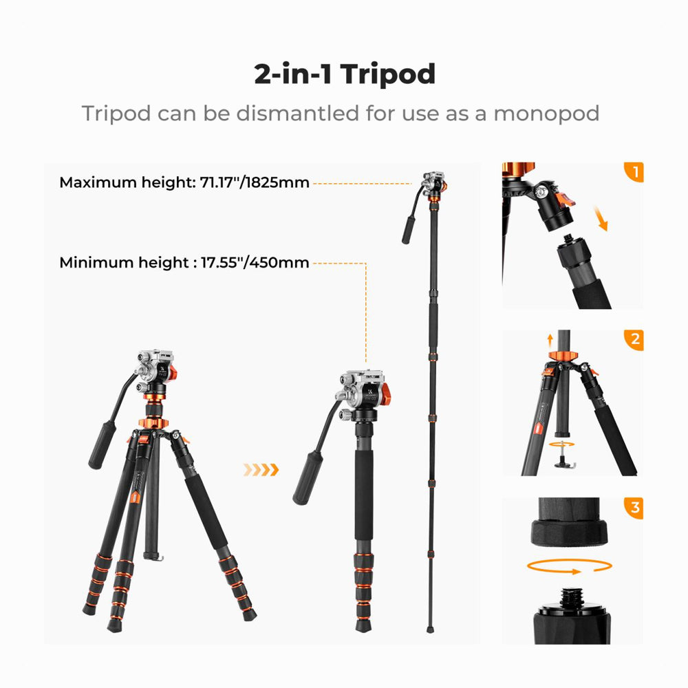 K&F Concept O255C4+FH-03 Carbon Fiber Lightweight Camera Tripod with Hydraulic Video Tripod Head (KF09.158)