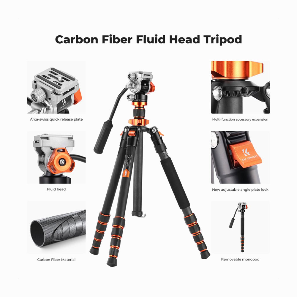 K&F Concept O255C4+FH-03 Carbon Fiber Lightweight Camera Tripod with Hydraulic Video Tripod Head (KF09.158)