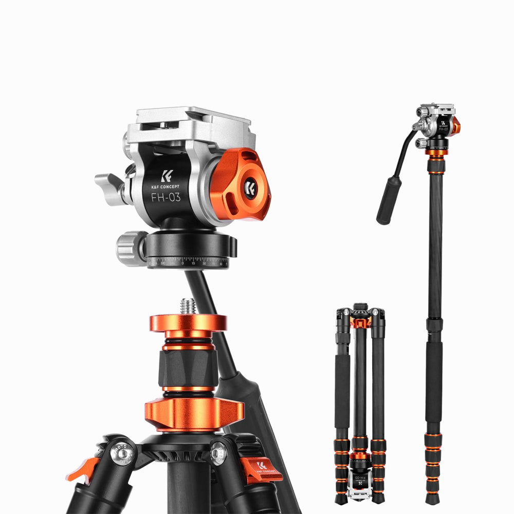 K&F Concept O255C4+FH-03 Carbon Fiber Lightweight Camera Tripod with Hydraulic Video Tripod Head (KF09.158)