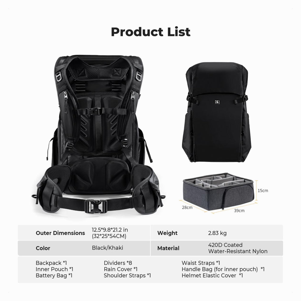 K&F Concept KF13.206V130L Camera Backpack Adjustable Straps – Fits 15" Laptop, Camera Gear BLACK Color (KF13.206V1)