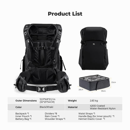 K&F Concept KF13.206V130L Camera Backpack Adjustable Straps – Fits 15" Laptop, Camera Gear BLACK Color (KF13.206V1)