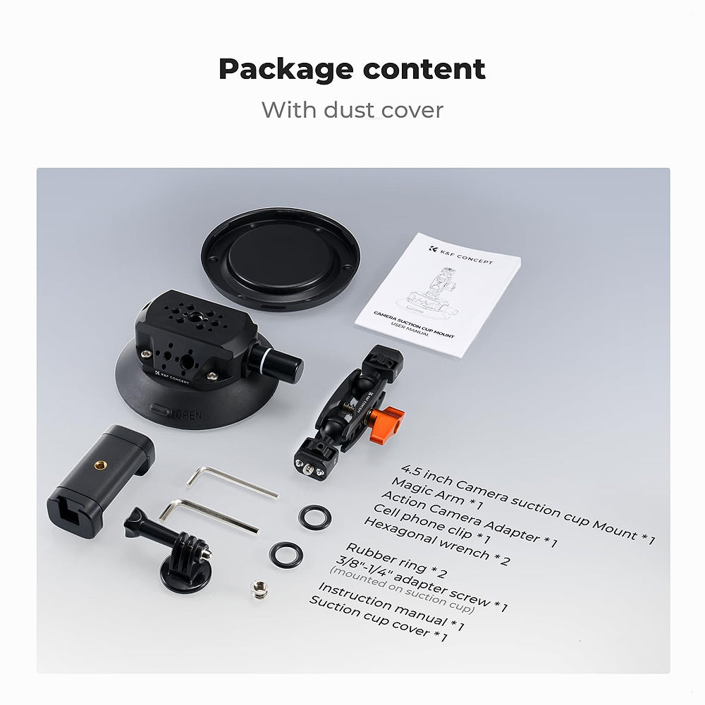 K&F Concept 4.5" Suction Cup Camera Mount with Double Ball Head Magic Arm, Mobile Phone Clamp, Gopro Adapter Accessories, 3/8" to 1/4" Adapter Screw, MS45-KF31.100