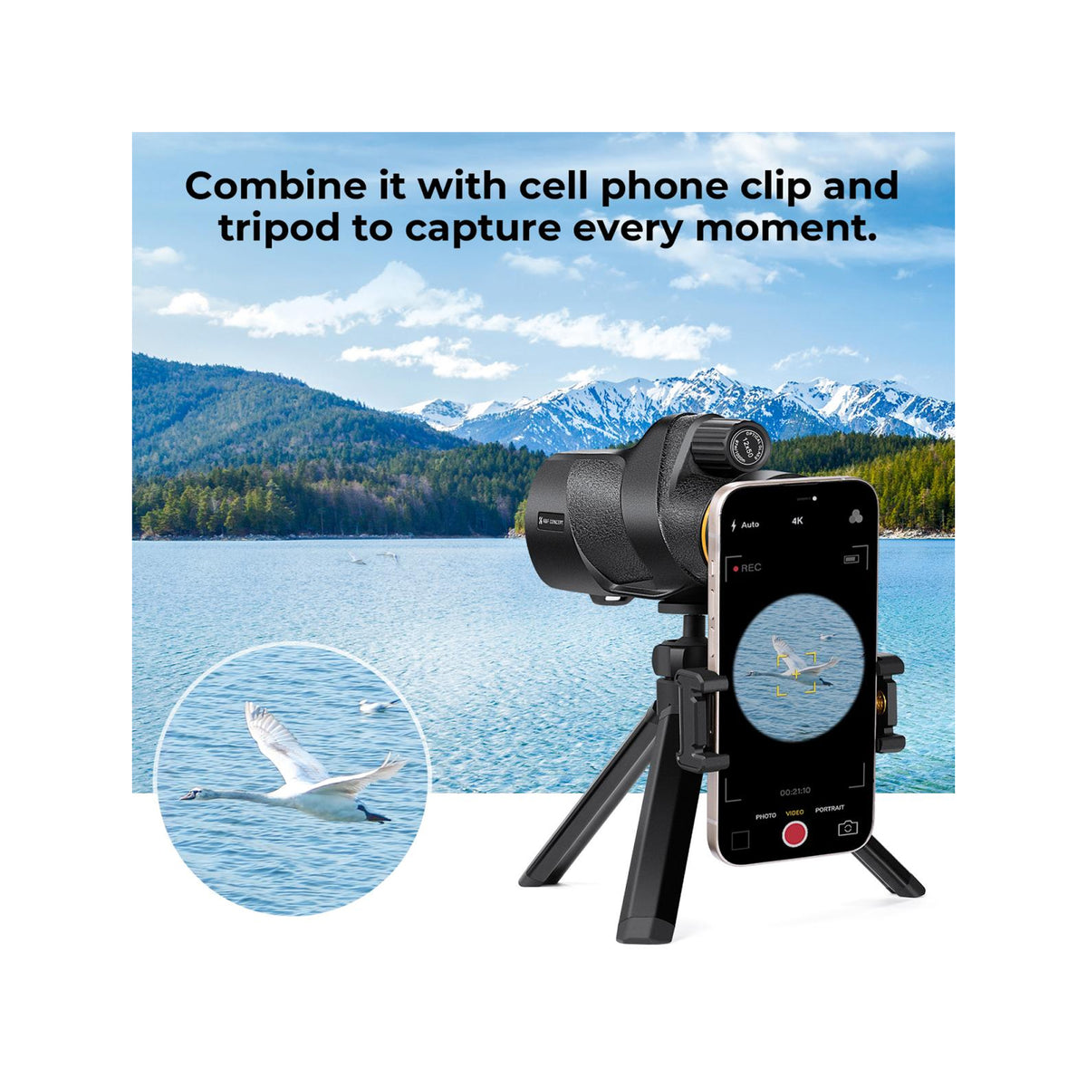K&F Concept Monocular Telescope 12X50 Outdoor Telescope Hunting, HD Monocular for Adults with Phone Holder and Tripod (KF33.086)