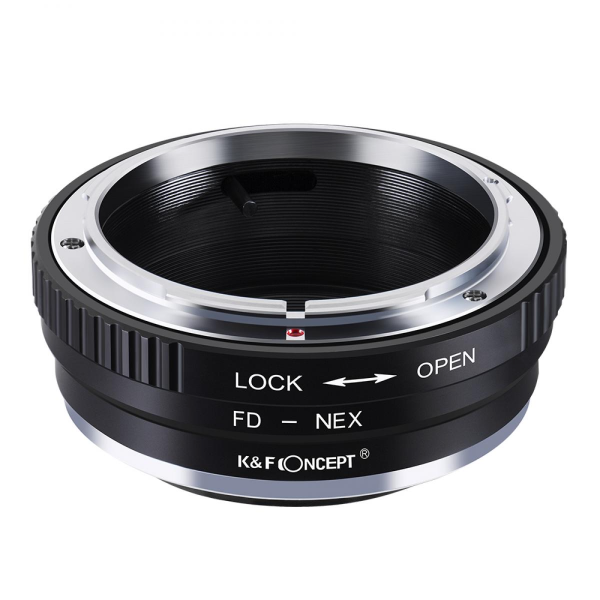 A K&F brand lens adapter for FD-NEX cameras, featuring a black color with metal interior and external ring, with markings for focus and zoom.