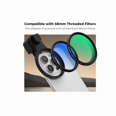 A phone camera lens attachment set shown on a smartphone, with two circular filters and a black adapter ring. Text above reads 'Compatible with 58mm Threaded Filters' on a clean white background.