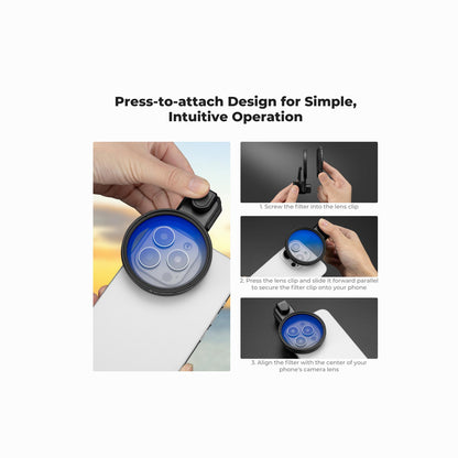 Instructional graphic showing a phone camera lens clip filter attachment with three step-by-step usage panels and the headline 'Press-to-attach Design for Simple, Intuitive Operation.' A hand is visible holding the product in the left panel, so this is Lifestyle rather than Product/Packaging or Instruction Diagram.